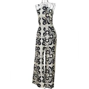 Mango Black White Floral Halter Wide Leg Jumpsuit Open Back